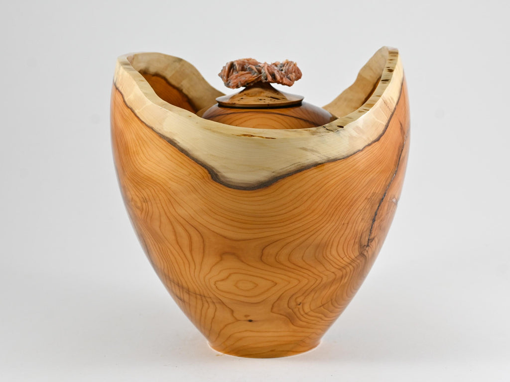Handmade Yew wood urn, Calcite mineral inlay, Barite lid (230 c.i.)