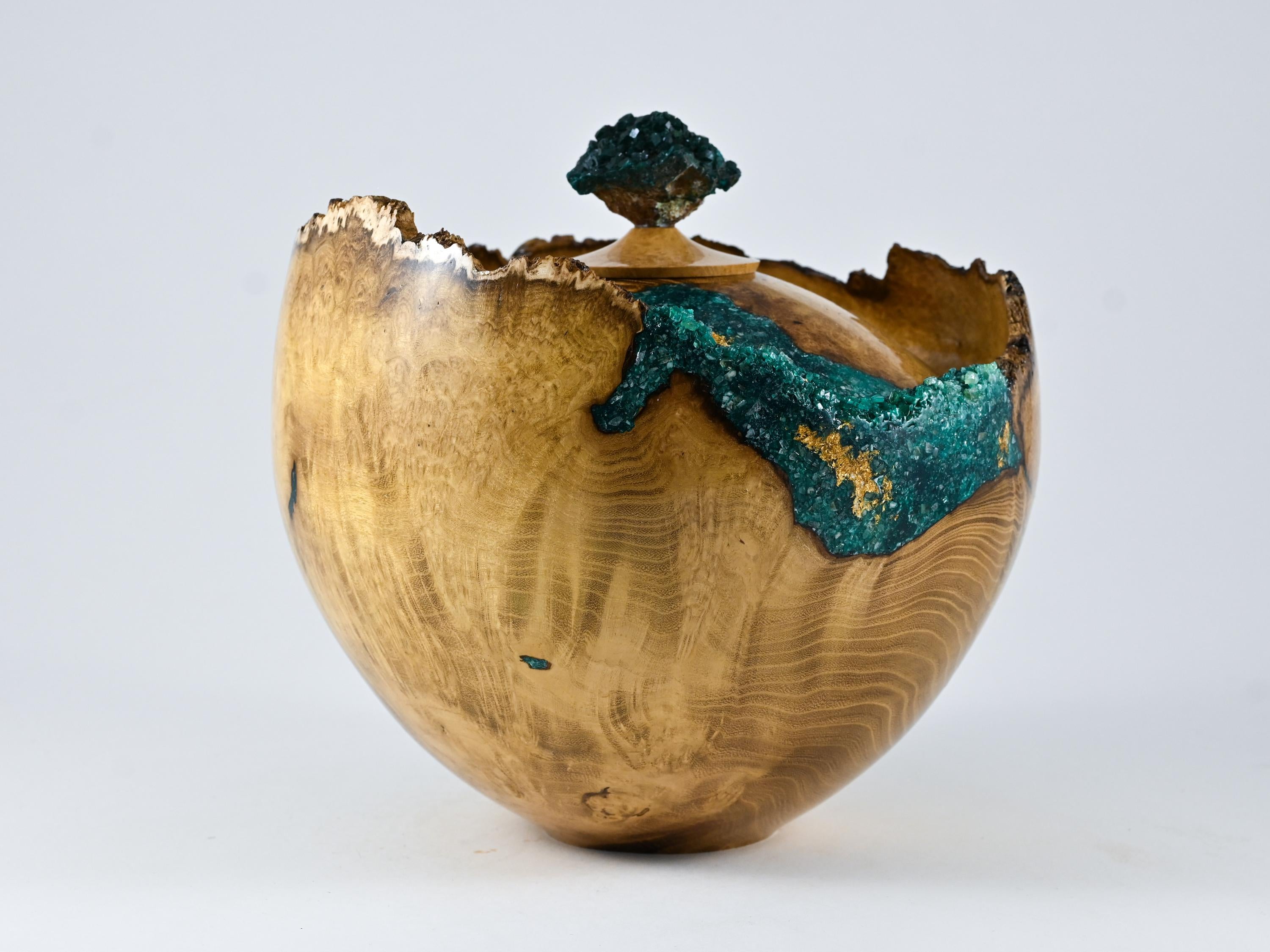 Handmade Black Locust Burl Urn: Dioptase Lid, Green mineral Inlay (240 c.i.)