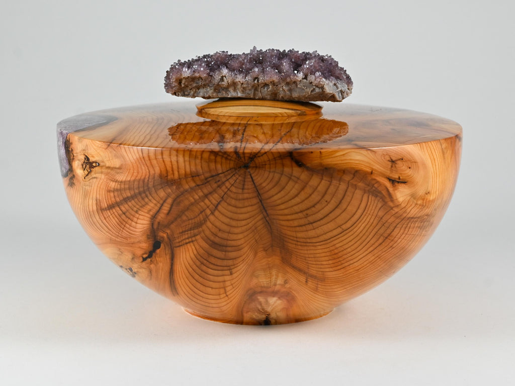 Handmade Yew wood urn, Purple mineral inlay, Amethyst lid (230 c.i.)