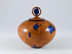 Small Handmade Briar Burl Wood Urn: Blue Mineral & gold Inlay, Azurite lid (75 c.i.)