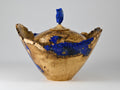 Handmade Black Locust Burl Urn: Lapis Lazuli lid, Blue Minerals & Gold Inlay (215 c.i.)