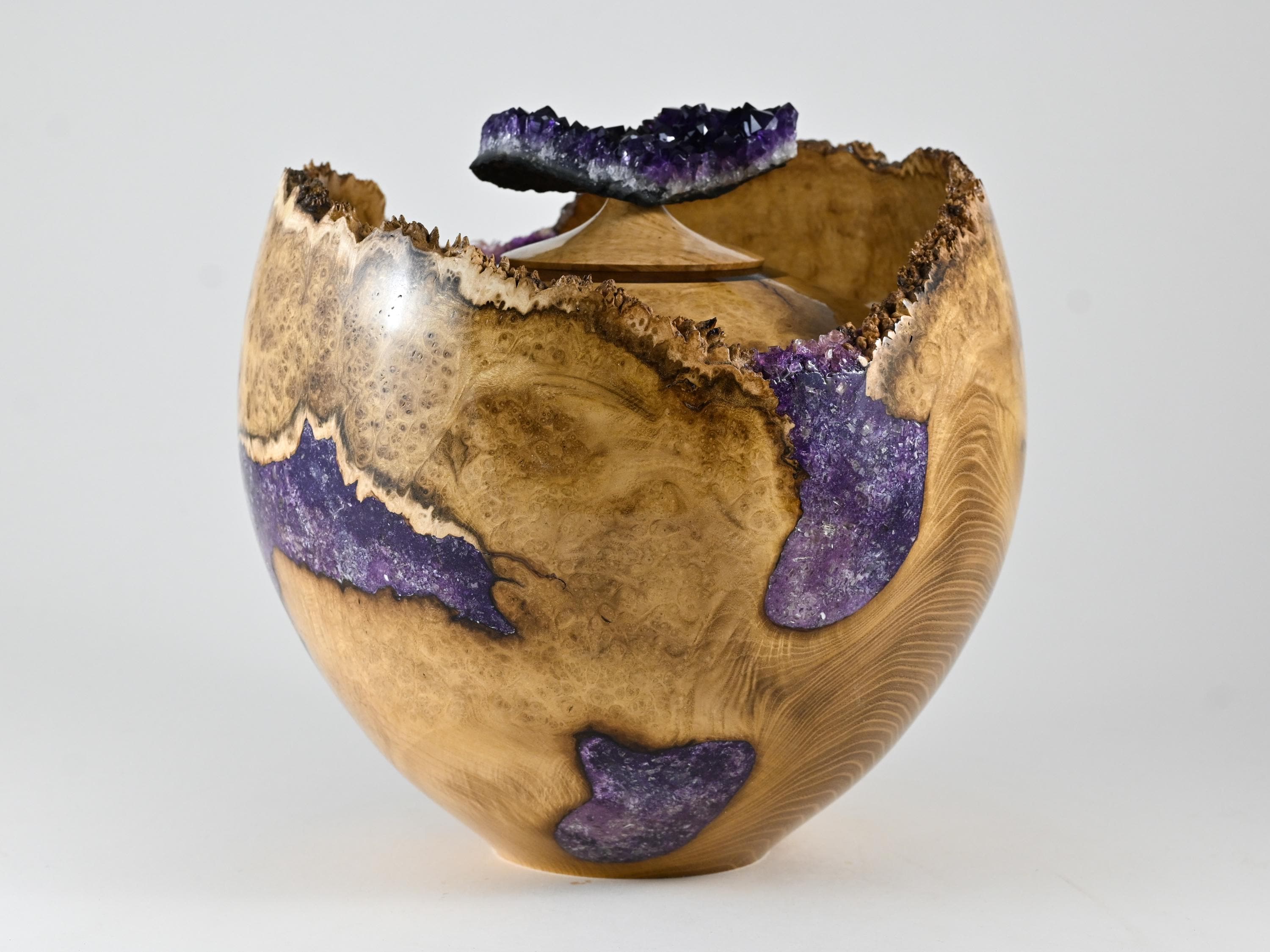 Handmade Black Locust Burl Wood Companion Urn, Purple Mineral Inlay, Amethyst Lid (400 c.i.)