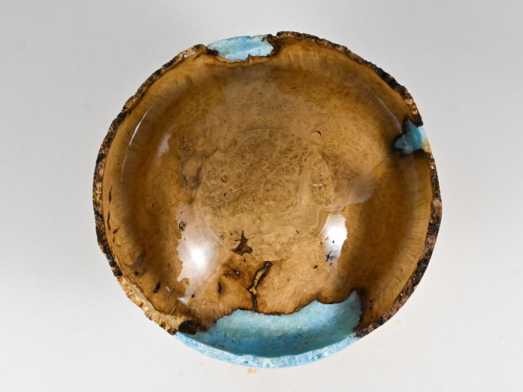 Handmade Black Locust Burl Wood Urn, light blue mineral and gold inlay (90 c.i.)