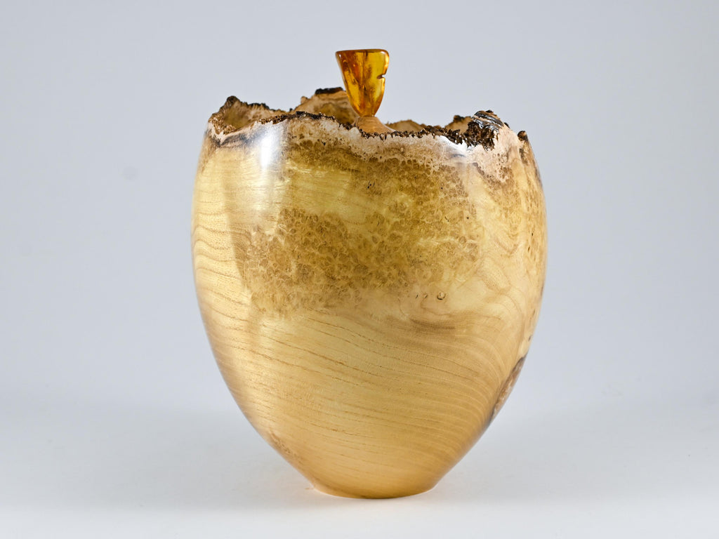 Handmade Black Locust Burl Wood Urn, Amber Inlay & Lid (210 c.i.)