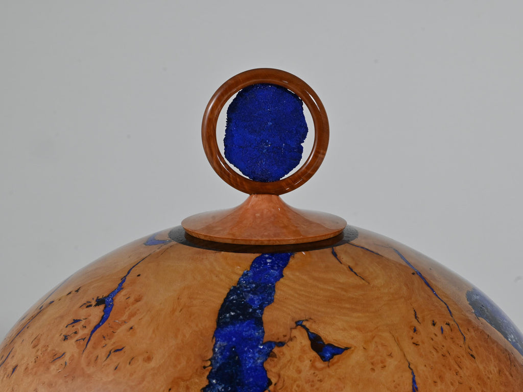 XL Handmade Briar Burl Wood Urn: Blue Mineral & gold Inlay, Azurite lid (330 c.i.)