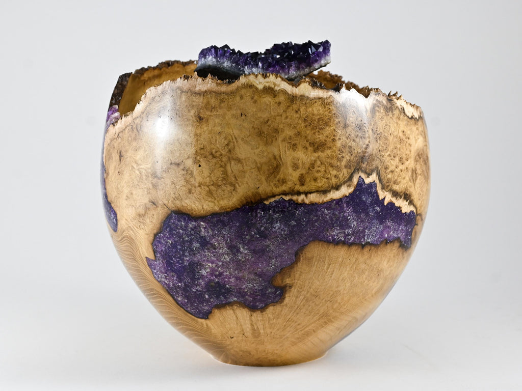 Handmade Black Locust Burl Wood Companion Urn, Purple Mineral Inlay, Amethyst Lid (400 c.i.)