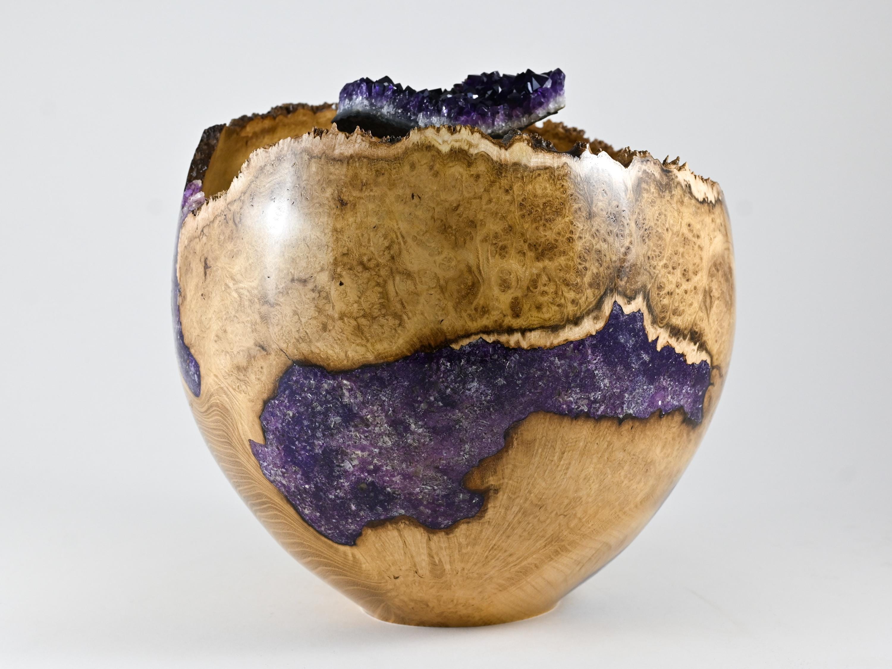 Handmade Black Locust Burl Wood Companion Urn, Purple Mineral Inlay, Amethyst Lid (400 c.i.)