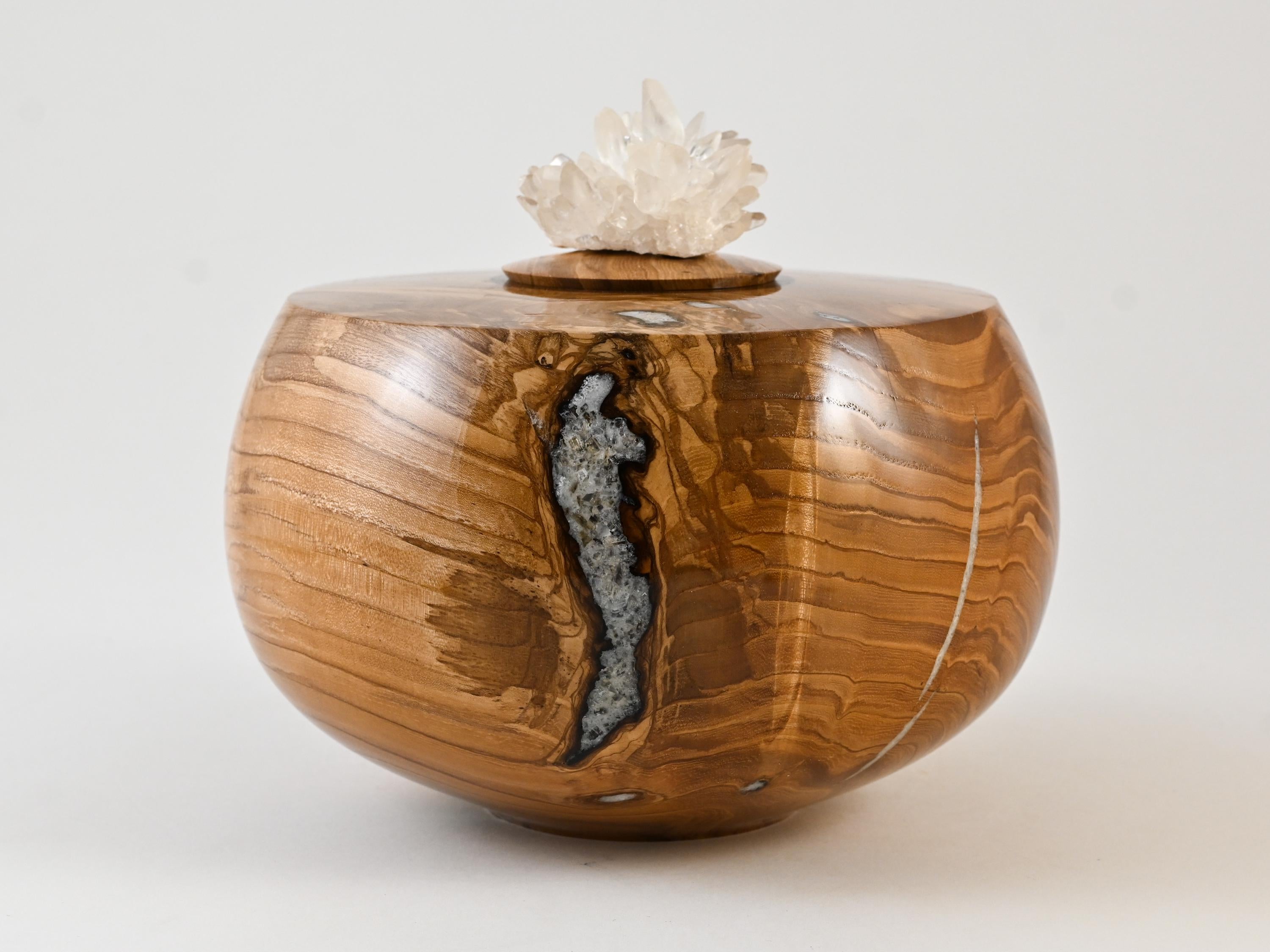 Handmade Ash Wood Urn, Calcite inlay, Calcite cluster lid (165 c.i)