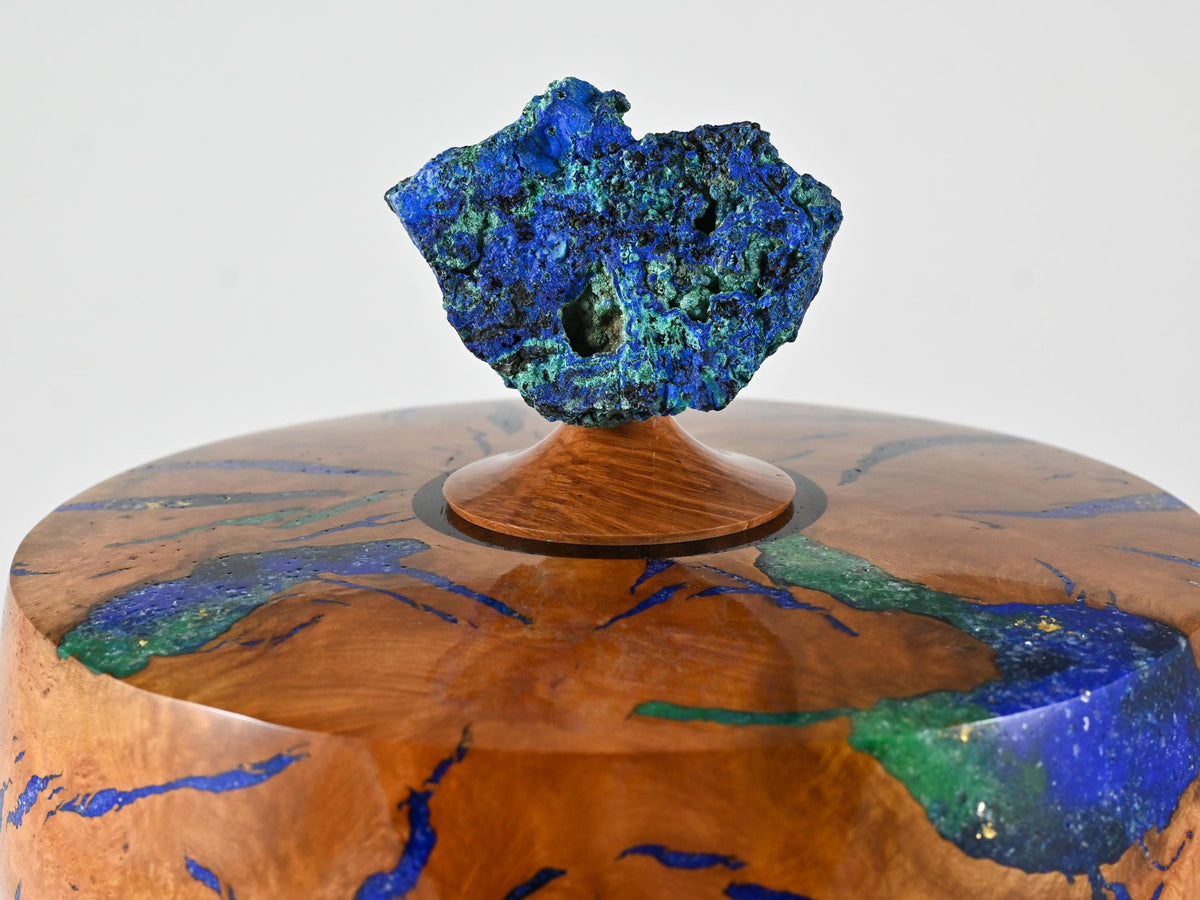 Handmade Briar burl wood urn: mineral & gold inlay, Azurite lid (280 c.i.)
