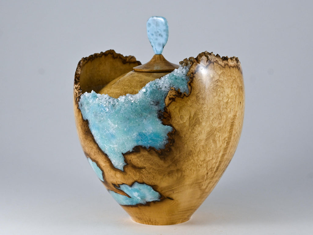 Handmade Black Locust Burl Urn: Larimar lid, mineral Inlay (215 c.i.)