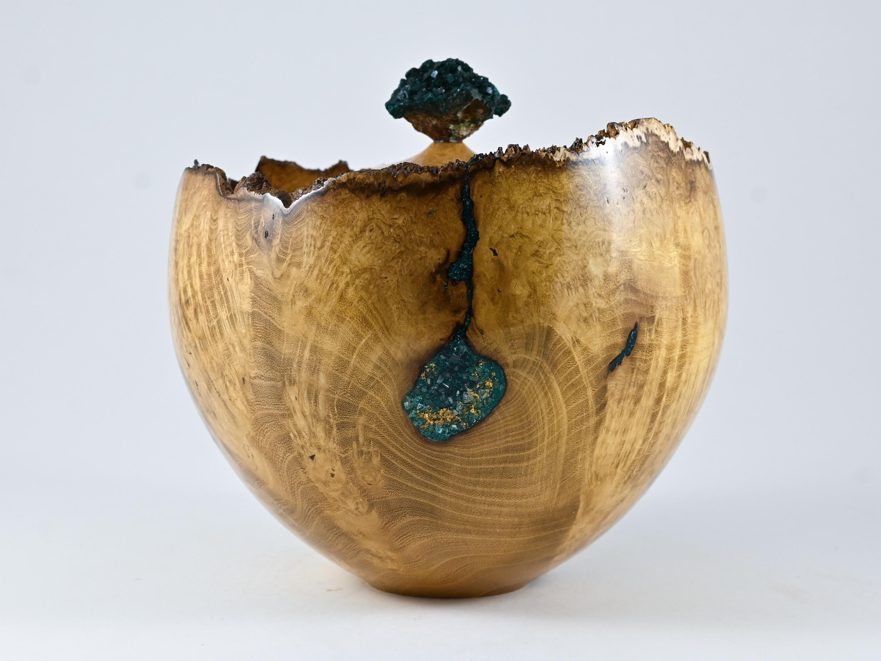 Handmade Black Locust Burl Urn: Dioptase Lid, Green mineral Inlay (240 c.i.)