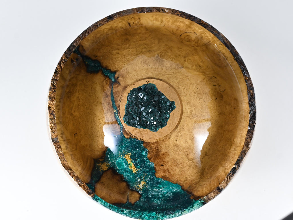 Handmade Black Locust Burl Urn: Dioptase Lid, Green mineral Inlay (240 c.i.)