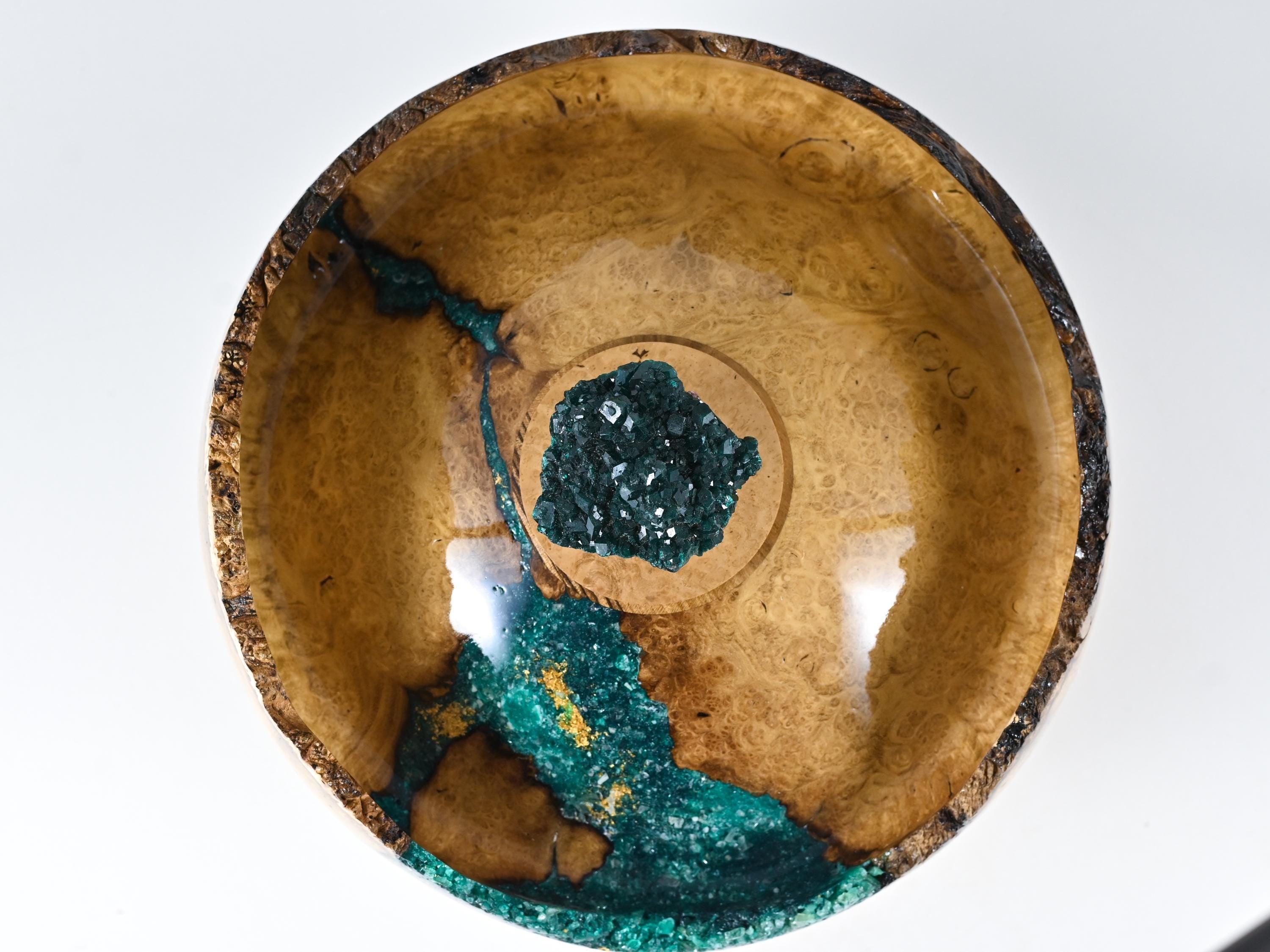 Handmade Black Locust Burl Urn: Dioptase Lid, Green mineral Inlay (240 c.i.)