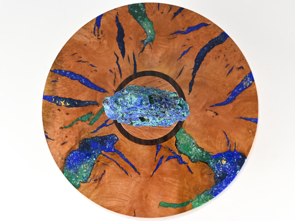 Handmade Briar burl wood urn: mineral & gold inlay, Azurite lid (280 c.i.)
