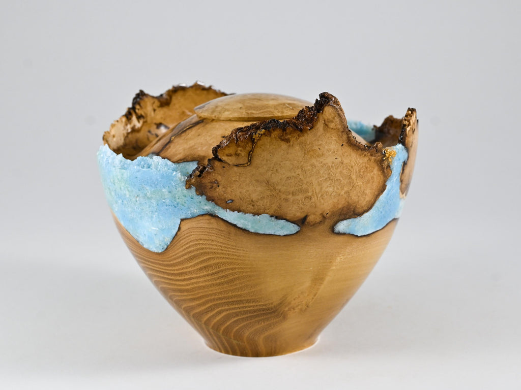 Handmade Black Locust Burl Wood Urn, light blue mineral and gold inlay (90 c.i.)