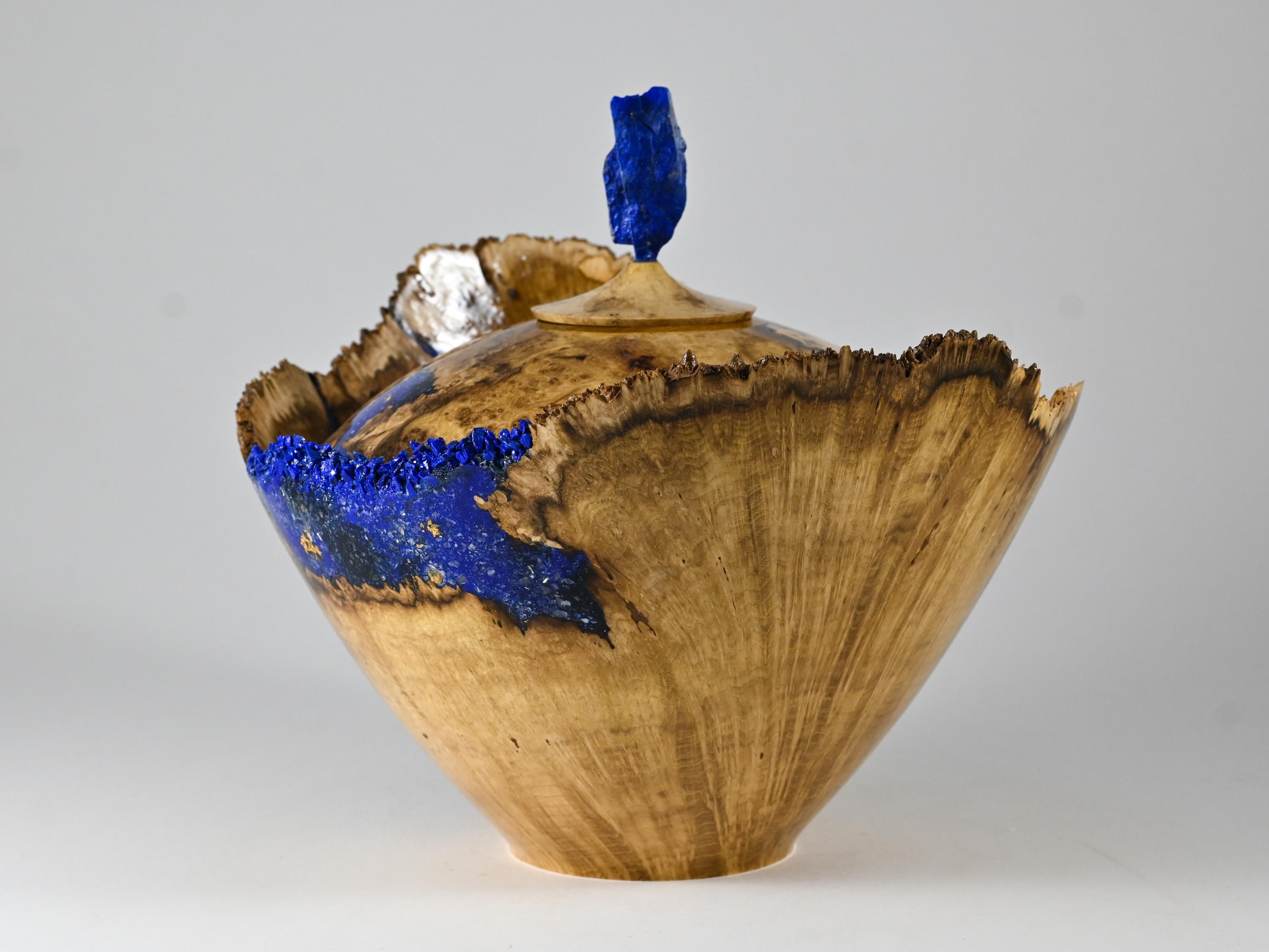 Handmade Black Locust Burl Urn: Lapis Lazuli lid, Blue Minerals & Gold Inlay (215 c.i.)