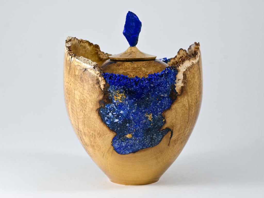 Handmade Black Locust Burl Urn: Lapis Lazuli lid, Blue Minerals & Gold Inlay (140 c.i.)
