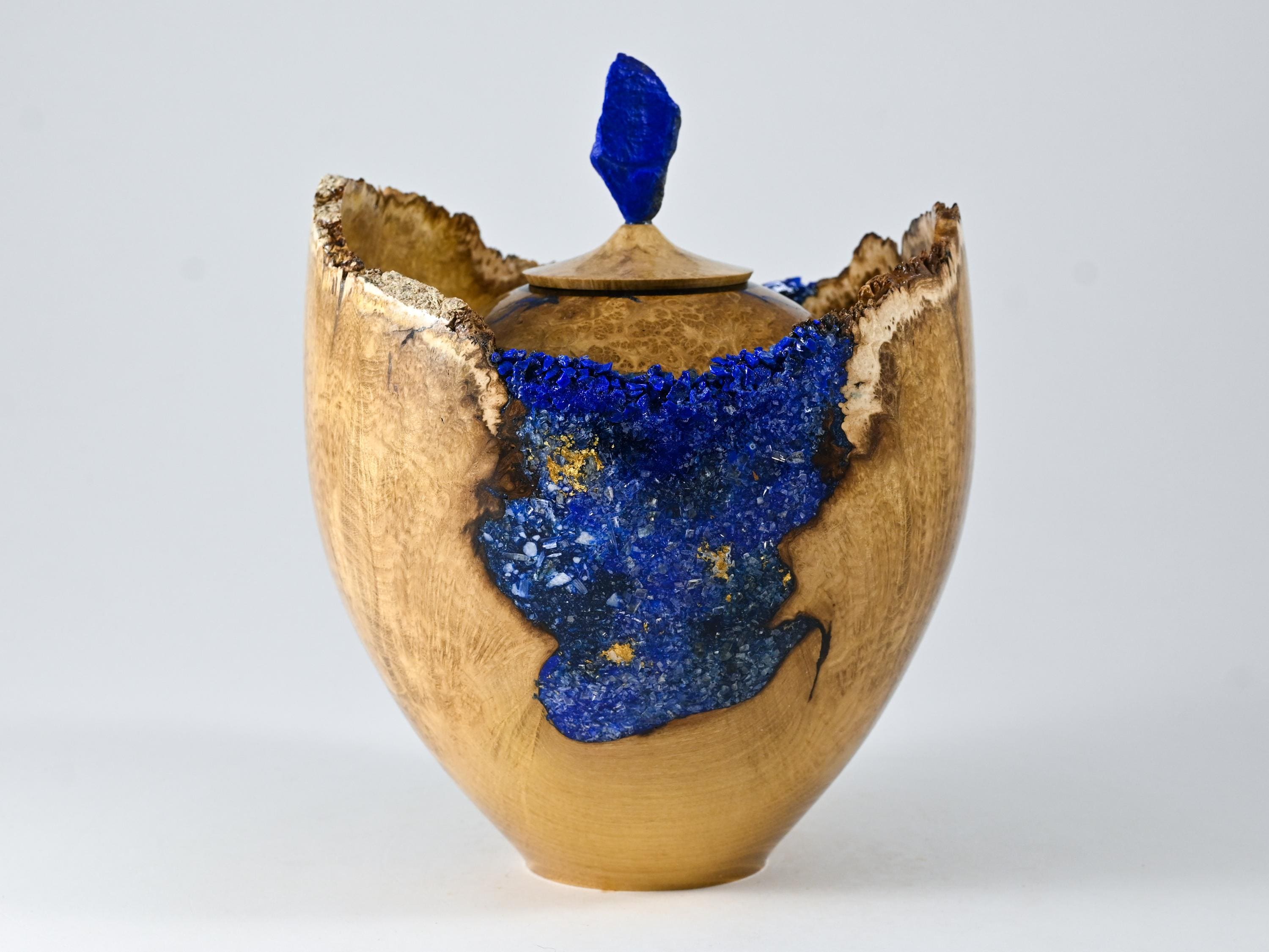 Handmade Black Locust Burl Urn: Lapis Lazuli lid, Blue Minerals & Gold Inlay (140 c.i.)