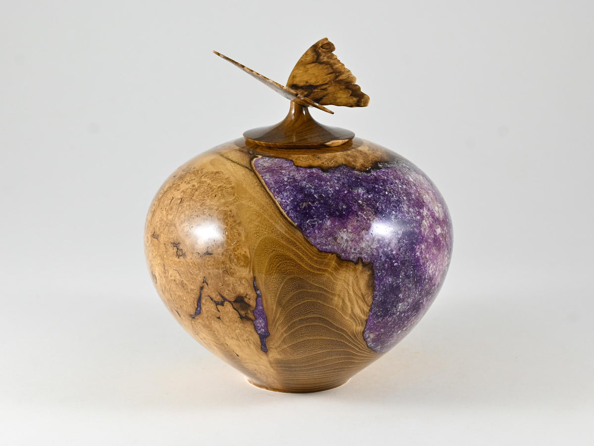 Handmade Black Locust Burl Wood Urn: Purple Mineral inlay, Butterfly Lid (135 c.i.)