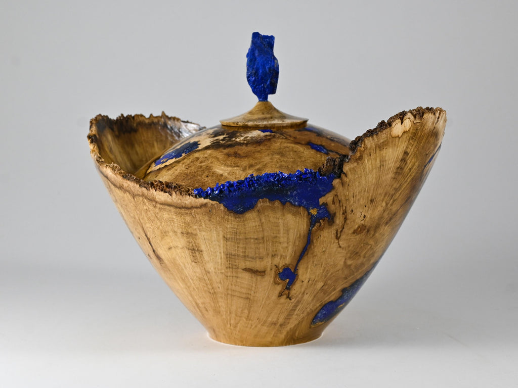 Handmade Black Locust Burl Urn: Lapis Lazuli lid, Blue Minerals & Gold Inlay (215 c.i.)