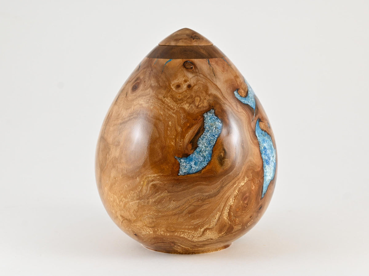Handmade Siccamore Wood Urn, Light Blue Mineral Inlay (200 c.i.)