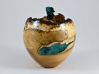 Handmade black locust burl wood urn: Dioptase lid, green mineral inlay (115 c.i.)