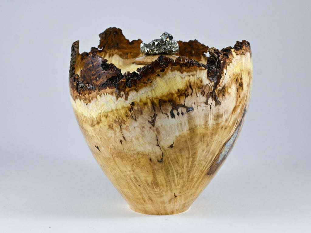 Handmade Black Locust Burl Wood Urn, Mineral and gold Inlay, Pyrite Lid (215 c.i.)