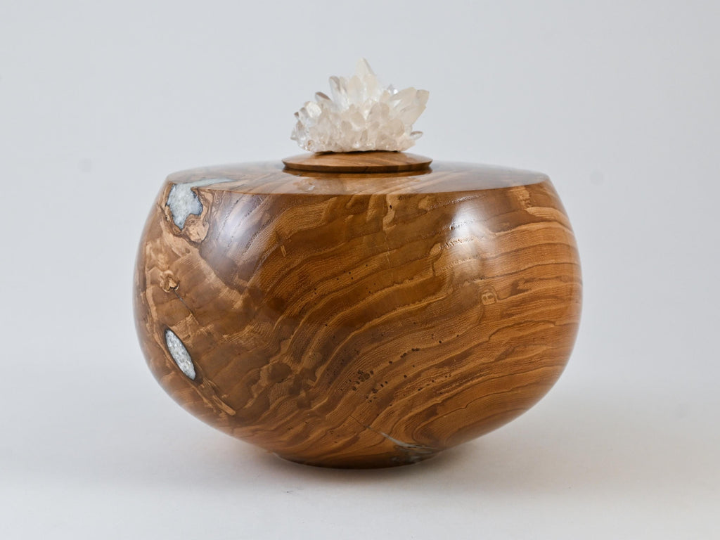 Handmade Ash Wood Urn, Calcite inlay, Calcite cluster lid (165 c.i)