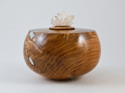 Handmade Ash Wood Urn, Calcite inlay, Calcite cluster lid (165 c.i)