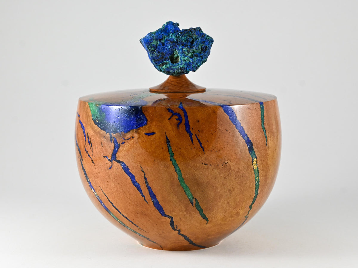 Handmade Briar burl wood urn: mineral & gold inlay, Azurite lid (280 c.i.)