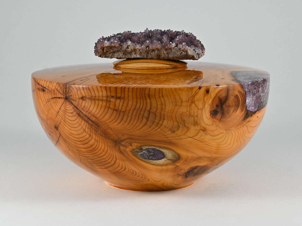 Handmade Yew wood urn, Purple mineral inlay, Amethyst lid (230 c.i.)