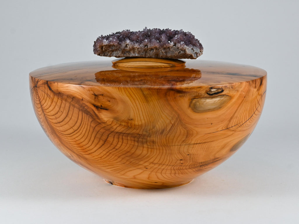 Handmade Yew wood urn, Purple mineral inlay, Amethyst lid (230 c.i.)