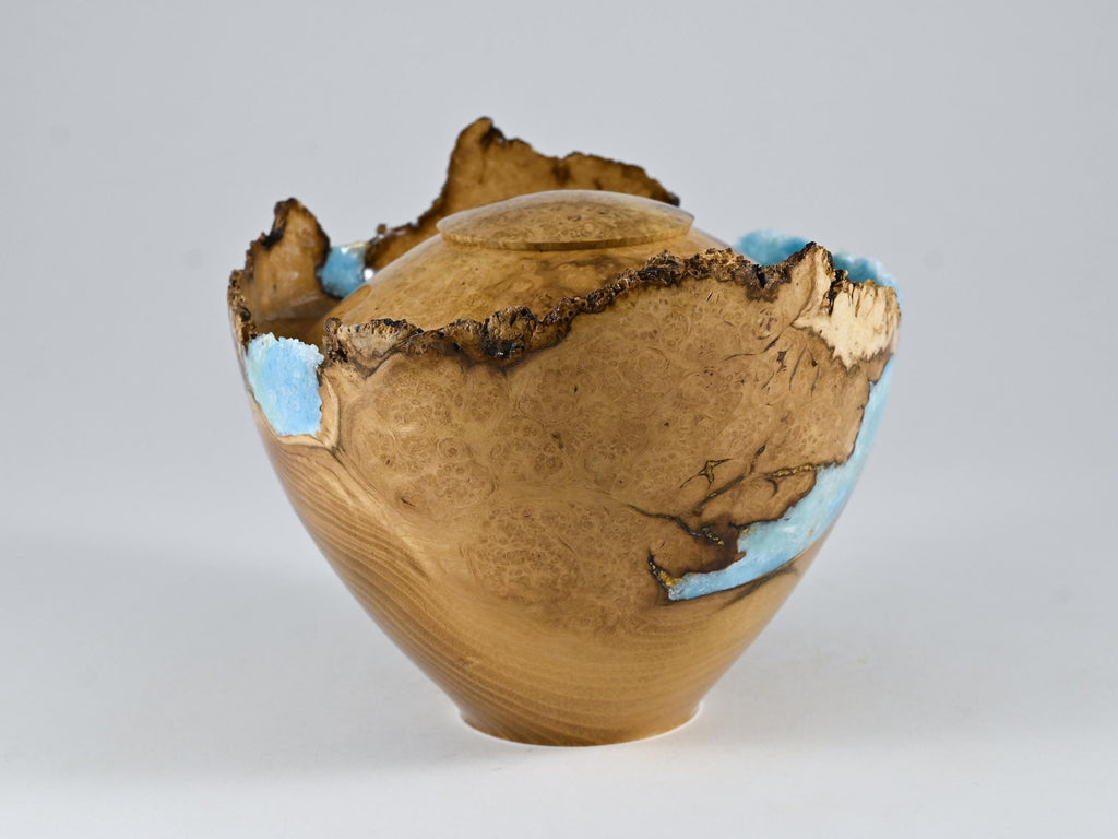 Handmade Black Locust Burl Wood Urn, light blue mineral and gold inlay (90 c.i.)