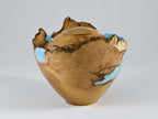Handmade Black Locust Burl Wood Urn, light blue mineral and gold inlay (90 c.i.)