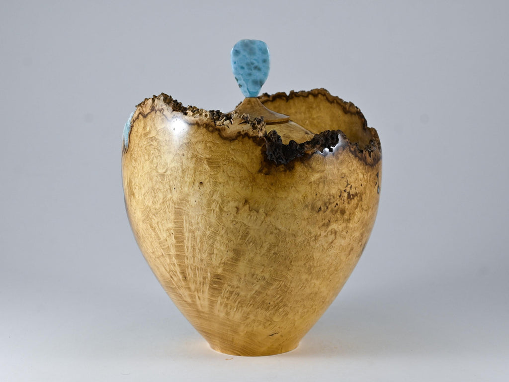 Handmade Black Locust Burl Urn: Larimar lid, mineral Inlay (215 c.i.)