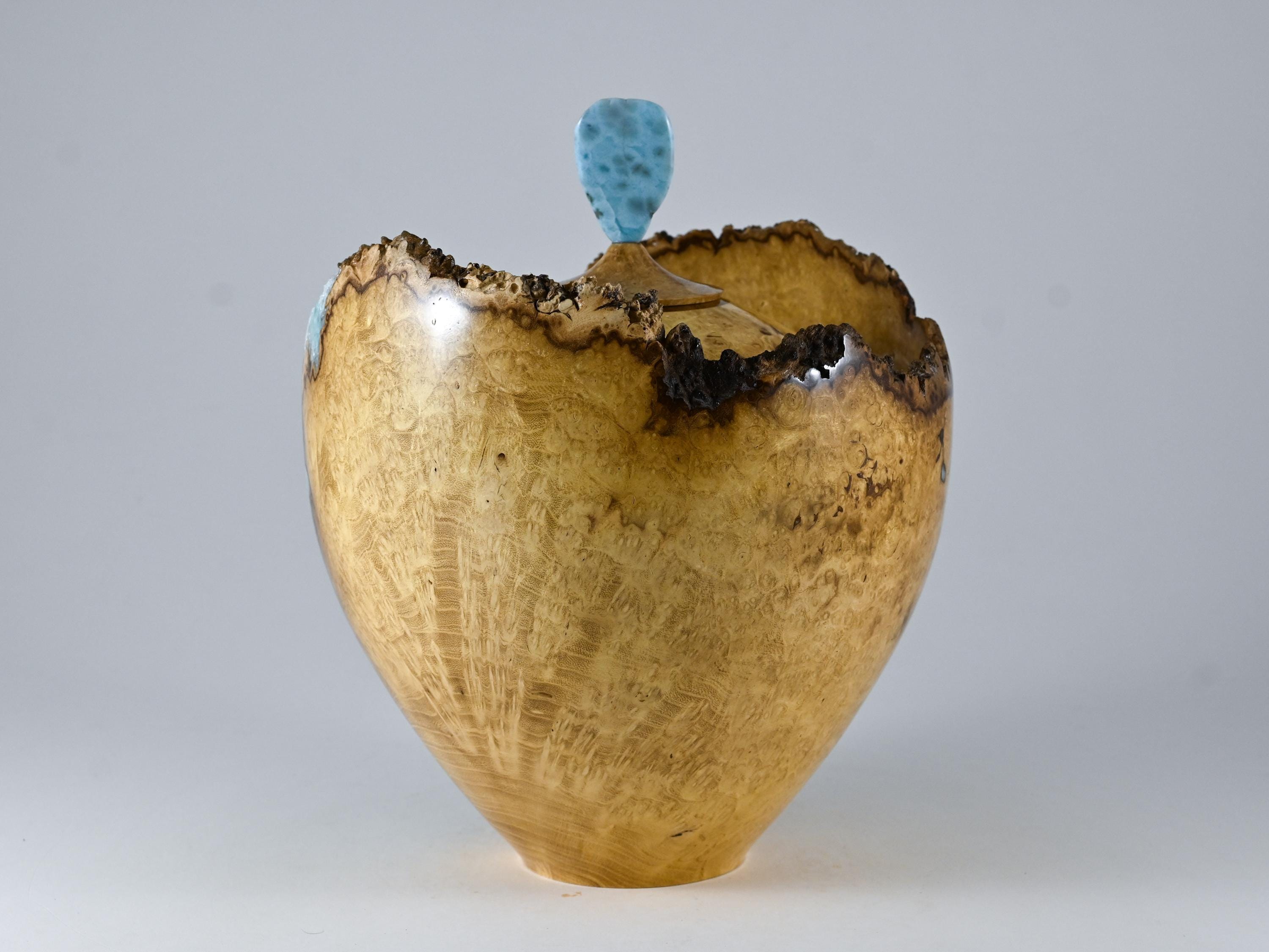 Handmade Black Locust Burl Urn: Larimar lid, mineral Inlay (215 c.i.)