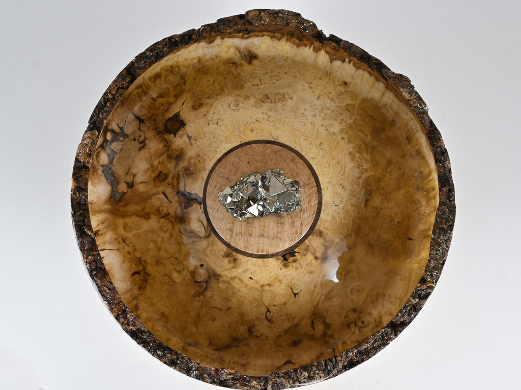 Handmade Black Locust Burl Wood Urn, Mineral and gold Inlay, Pyrite Lid (215 c.i.)