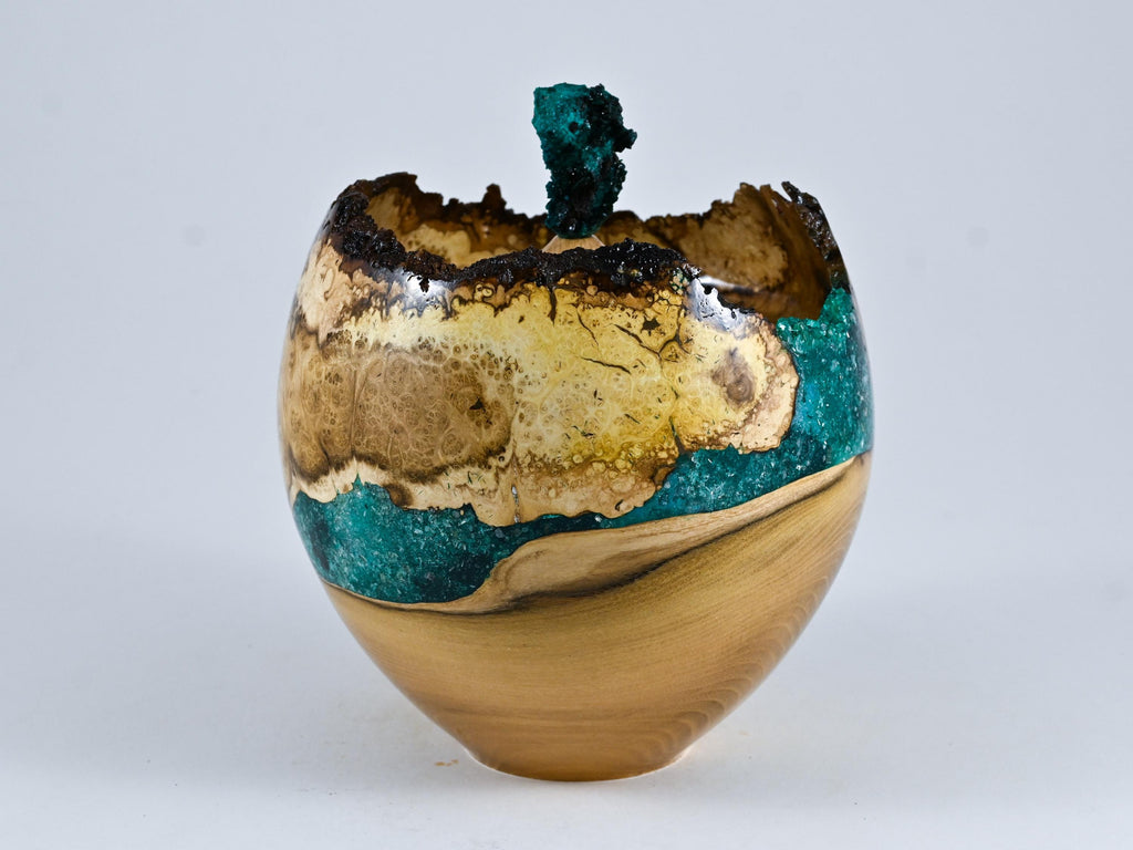 Handmade black locust burl wood urn: Dioptase lid, green mineral inlay (115 c.i.)