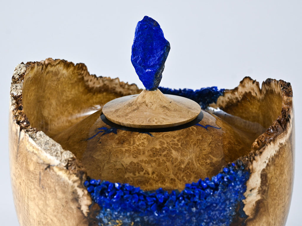 Handmade Black Locust Burl Urn: Lapis Lazuli lid, Blue Minerals & Gold Inlay (140 c.i.)