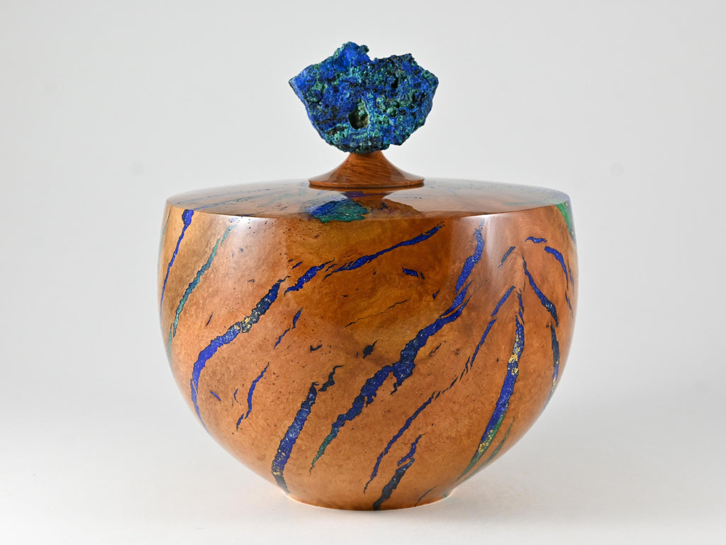 Handmade Briar burl wood urn: mineral & gold inlay, Azurite lid (280 c.i.)
