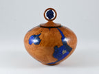 Small Handmade Briar Burl Wood Urn: Blue Mineral & gold Inlay, Azurite lid (75 c.i.)
