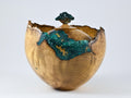 Handmade Black Locust Burl Urn: Dioptase Lid, Green mineral Inlay (240 c.i.)