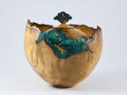 Handmade Black Locust Burl Urn: Dioptase Lid, Green mineral Inlay (240 c.i.)