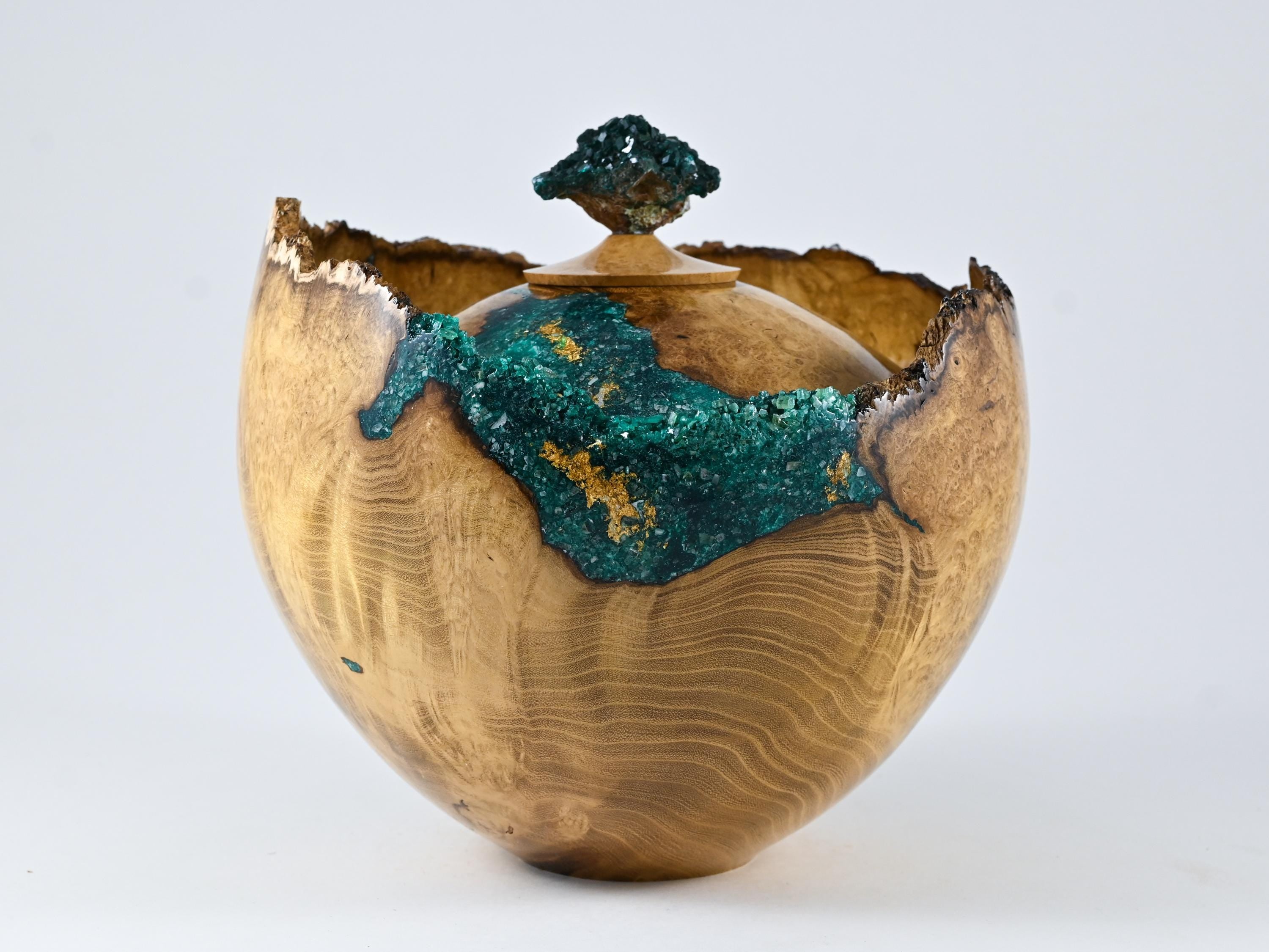 Handmade Black Locust Burl Urn: Dioptase Lid, Green mineral Inlay (240 c.i.)