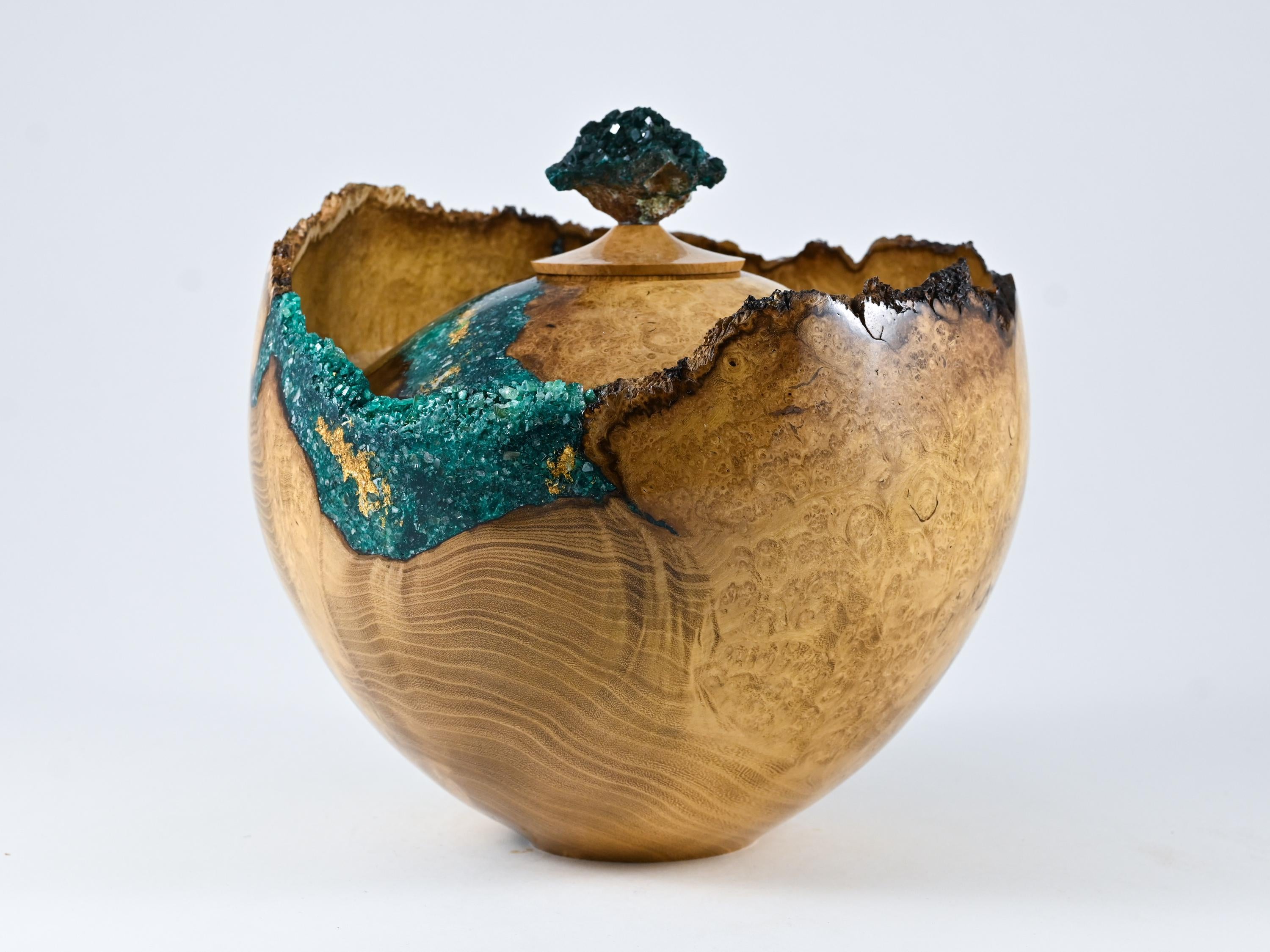 Handmade Black Locust Burl Urn: Dioptase Lid, Green mineral Inlay (240 c.i.)