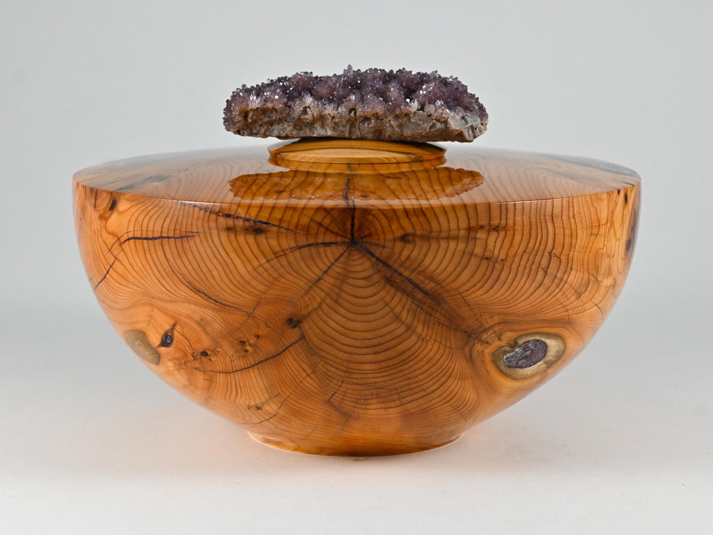 Handmade Yew wood urn, Purple mineral inlay, Amethyst lid (230 c.i.)