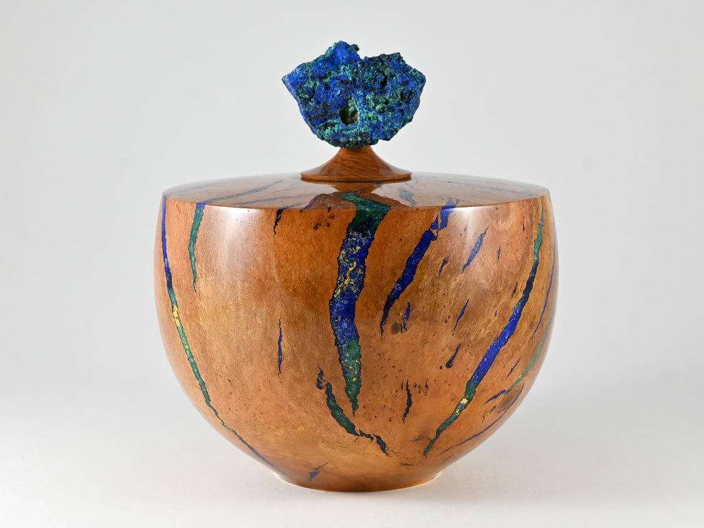 Handmade Briar burl wood urn: mineral & gold inlay, Azurite lid (280 c.i.)
