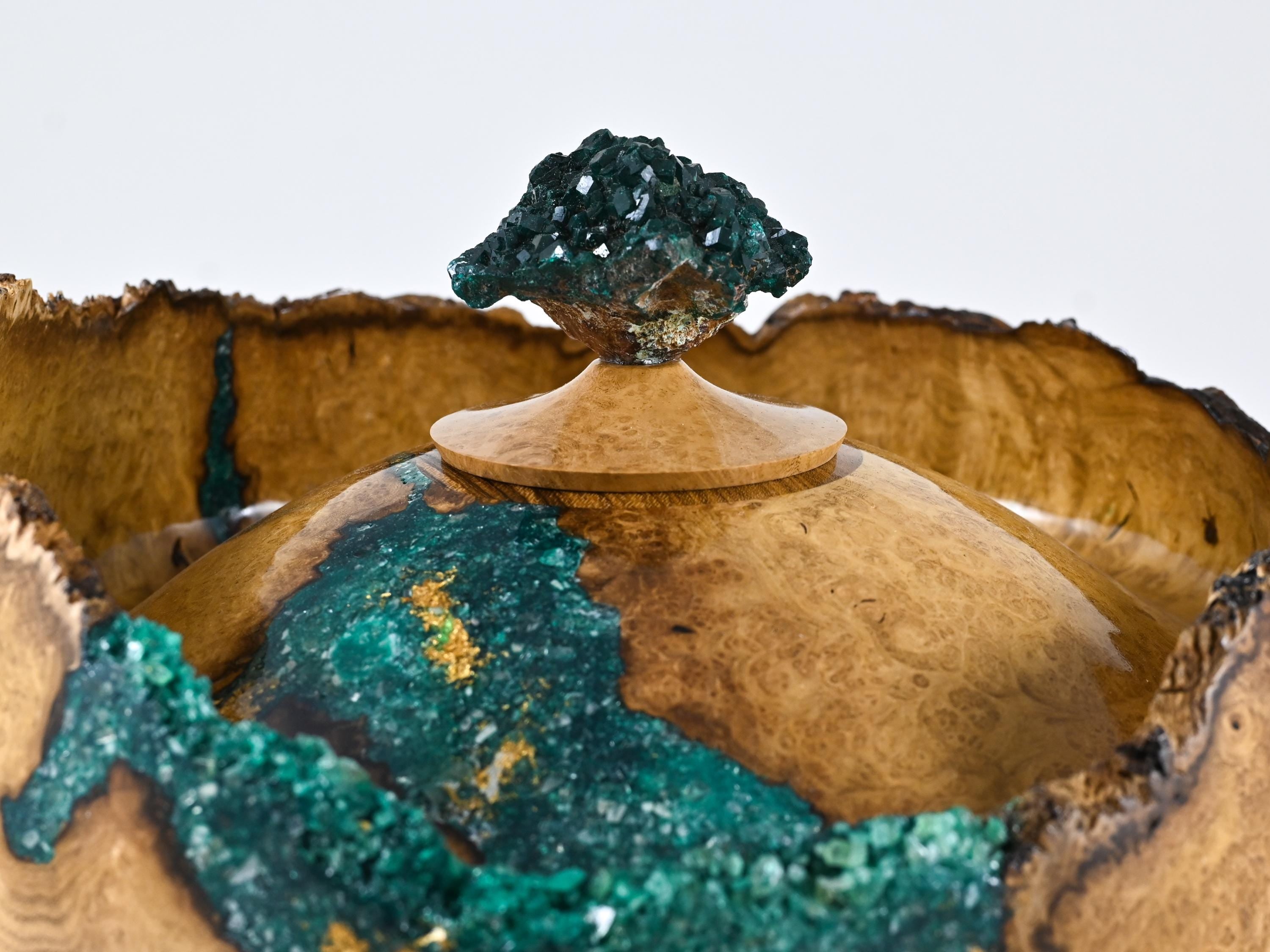 Handmade Black Locust Burl Urn: Dioptase Lid, Green mineral Inlay (240 c.i.)
