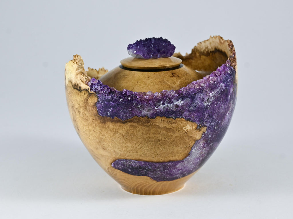 Small Handmade Black Locust Burl Wood Urn, Purple Mineral Inlay, Amethyst Lid (75 c.i.)