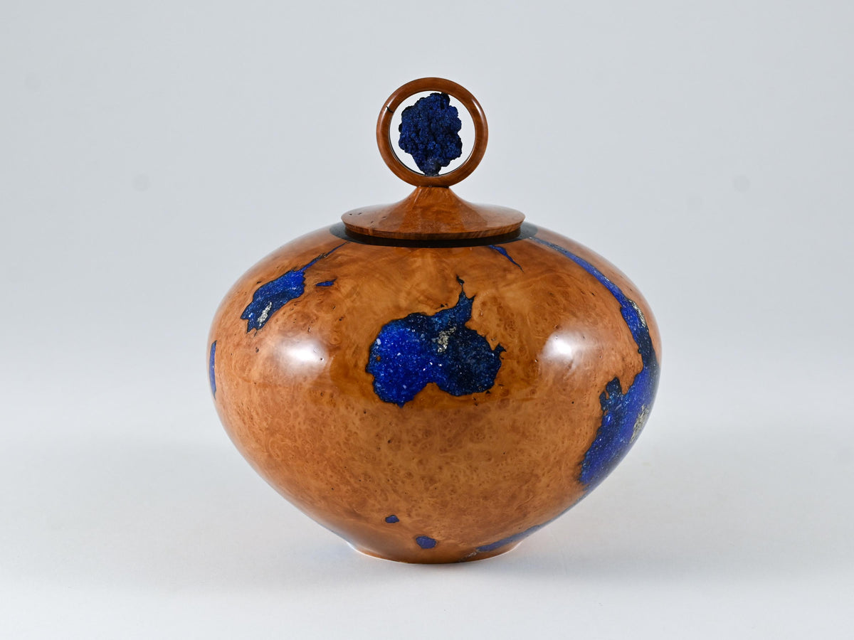 Small Handmade Briar Burl Wood Urn: Blue Mineral & gold Inlay, Azurite lid (75 c.i.)